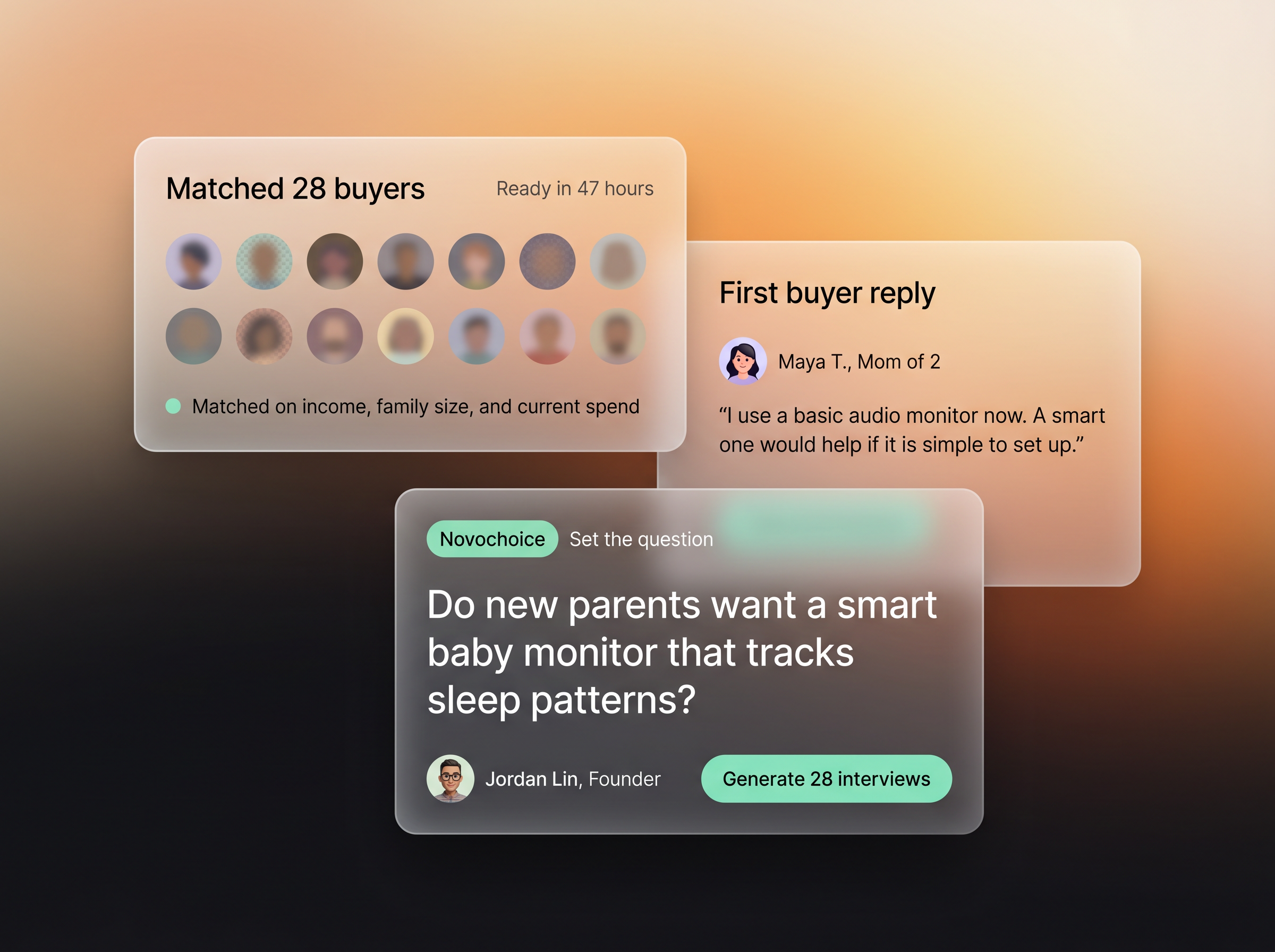 NovoChoice sets a research question, matches 50+ consumers, and runs the first interview.